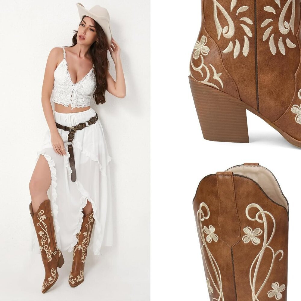Women's Knee High Heel Floral Embroidered Brown Classic Design Western Boots - Picture 4 of 8